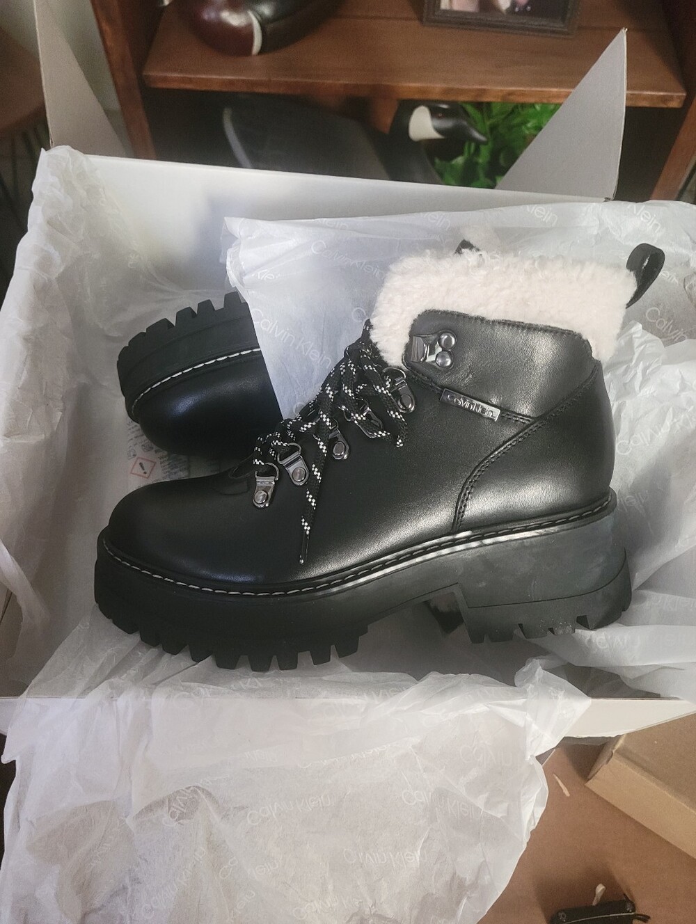 Calvin Klein Black Lace-Up Faux-Shearling Kristel Boot